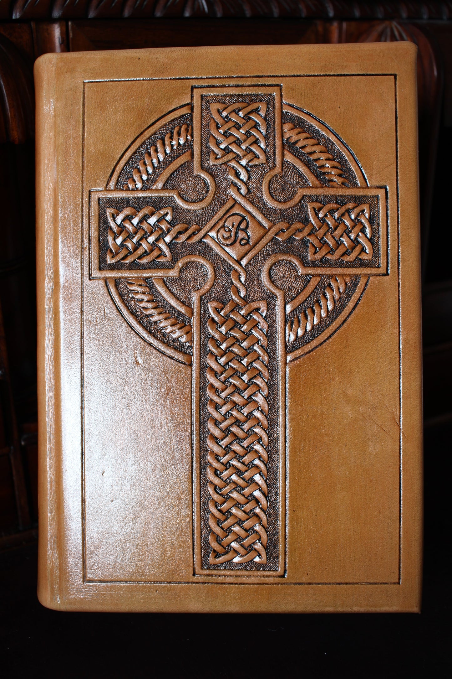 Custom Celtic Cross Family Bible Leather Tooling Handmade