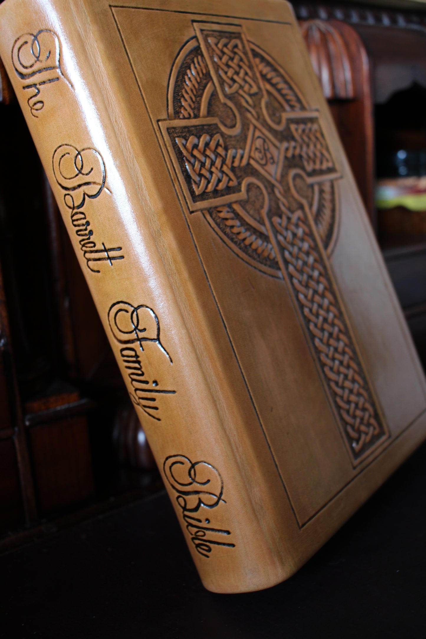 Celtic Cross Leather Family Bible Tooling Handmade